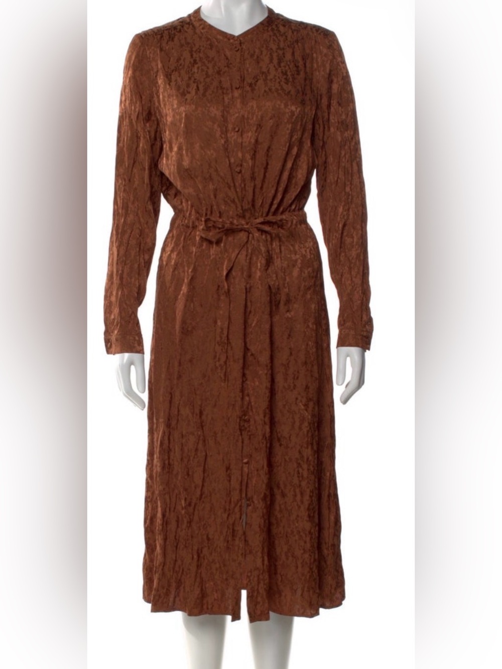 Sezane Rust Brown Long-Sleeve Midi Dress with Tie Waist